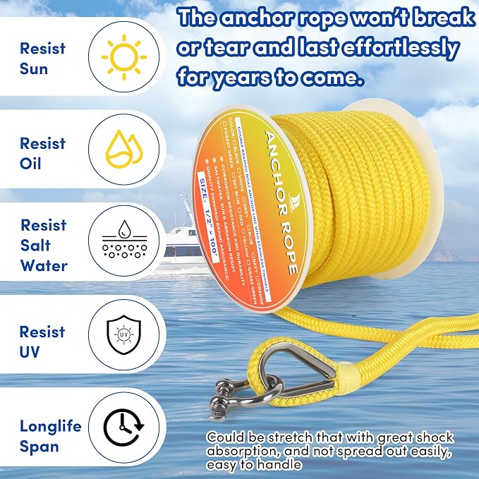 Boat Anchor Rope 100 ft x 1/2 inch Yellow, Double Braided Anchor Line with Stainless Steel Thimble & Shackle, Marine Rope Ideal for Towing,Mooring,Decks,Anchoring,for Boats Up to 35'
