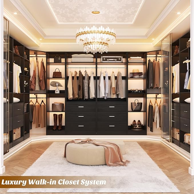 Corner Closet System with 3 Drawers, Corner Closet Organizer System with 13 Shelves & 3 Hanging Rods, 63.2"L * 39.2"W Reversible L Shaped Walk-in Closets, Load 2000+LBS, Black