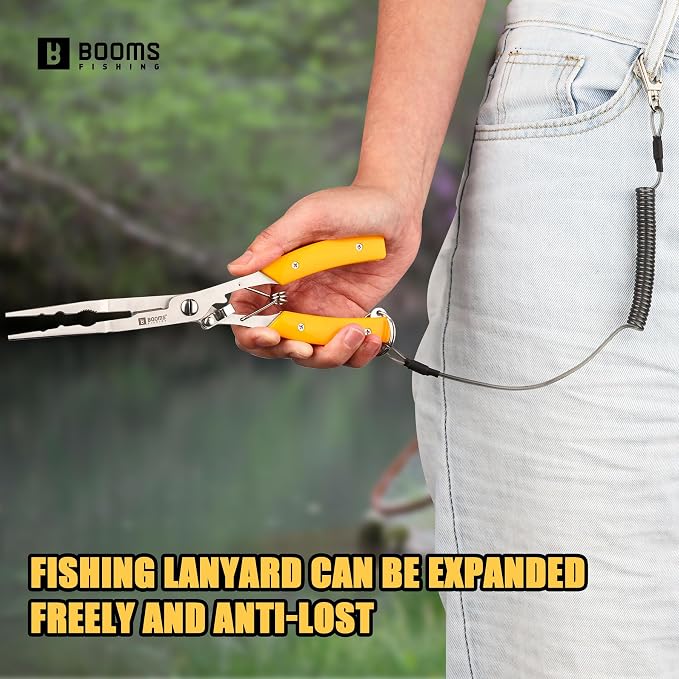 Booms Fishing Pliers Hook Remover: 8" Long Nose Fish Pliers Stainless Steel for Saltwater - Braid Line Cutters with Coiled Lanyard and Safety Lock Design, Multi-Function Fishing Tool for Men, H06