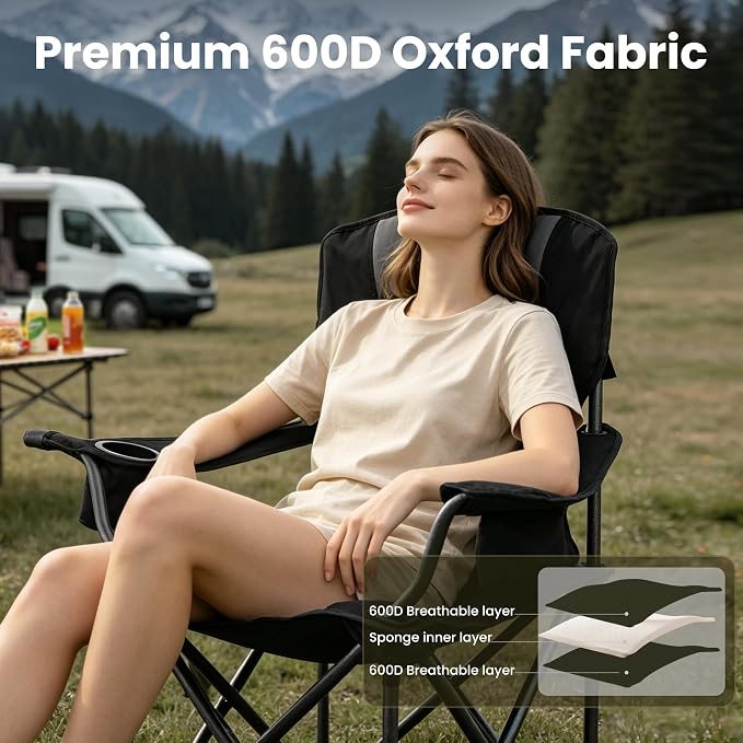 Oversized Camping Chairs for Adults 2 Pack Heavy Duty 450LBS Thick 600D Oxford Fabric Outdoor Folding Camping Chairs with Cup Holder and Ice Bag for Sports, Fishing, Lawn (Black & Dark Gray)