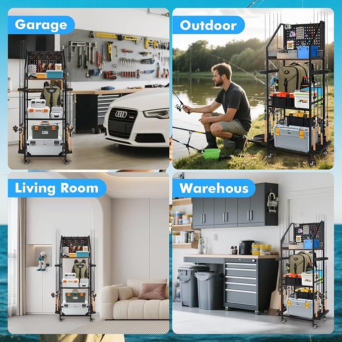 Fishing Pole Holders for Garage,3 Tiers Fishing Rod Rack,Holds up to 12 Rods,Fishing Organizer with Pegboard&Hooks&Lockable Wheels,Fishing Pole Storage for Reel Combos/Tackle/Fishing