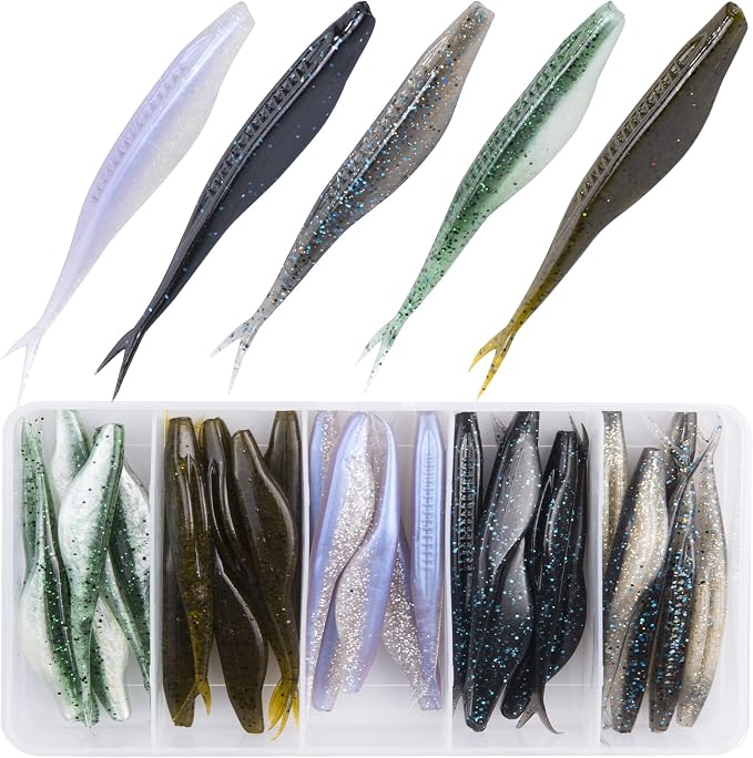 Fishing Bait Soft Plastic Lures 30/50 Pcs, Weighted Hooks 10 Pack & 40-Piece Set, 4in/5in Salty Split Tail Jerk Shad, 3/0 4/0 5/0 Weedless Swimbait Hook for Bass Fishing