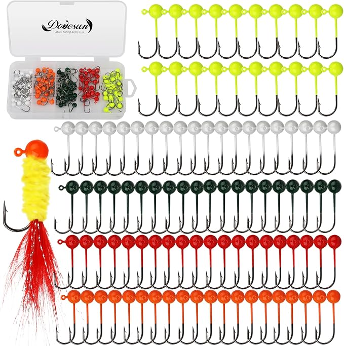 Dovesun 100pcs Fly Tying Jigs Kit, Jig Heads for Fly Fishing 1/124oz 1/80oz 1/64oz 1/32oz 1/16oz Jig Head Small Fly Fishing Hooks DIY Lure Making Kit Suit for Tying Flies | Crappie Lures