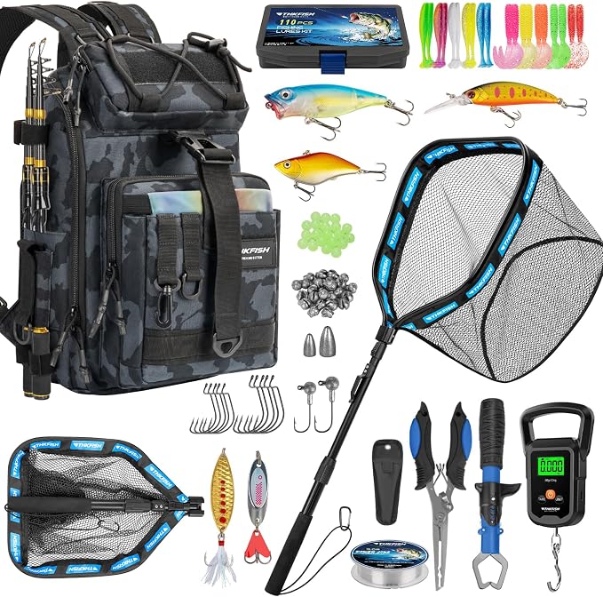 THKFISH Telescoping Fishing Rod and Reel Combo with Backpack, Carbon Fiber Travel Fishing Pole Spinning Reel Kit with Fishing Lures, Fishing Tools Kit for Men