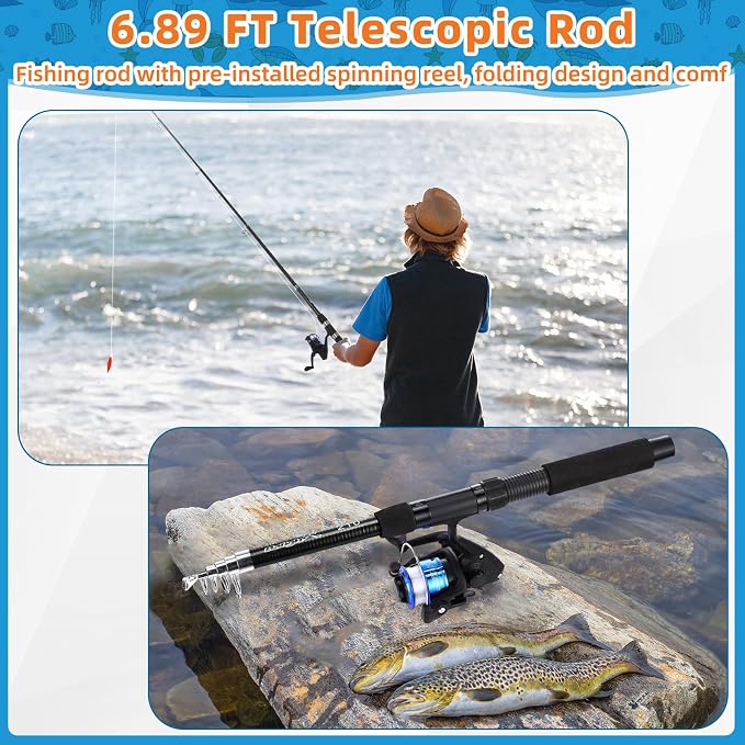 MiniInflat Telescopic Fishing Rod and Reel Combo, 6.89ft 2pcs Collapsible Rod with Plier Lip Gripper Lures Carrier Bag Pre-Loaded Spinning Reel Saltwater Freshwater Fishing Pole Kit