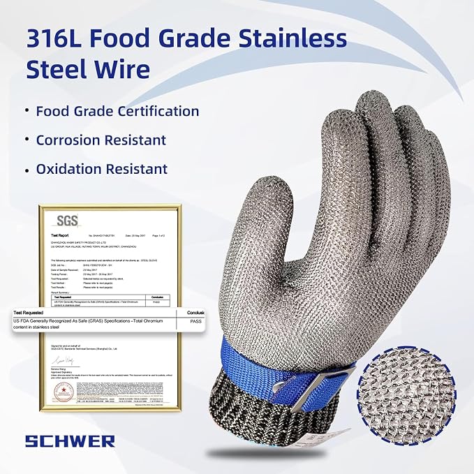 Schwer 10 Pcs SlicePro ANSI A9 Cut Resistant Glove PR1706, Stainless Steel Mesh Metal Glove, Food Grade for Kitchen Cooking, Butcher Meat Cutting, Oyster Shucking, Mandoline, Fishing, M