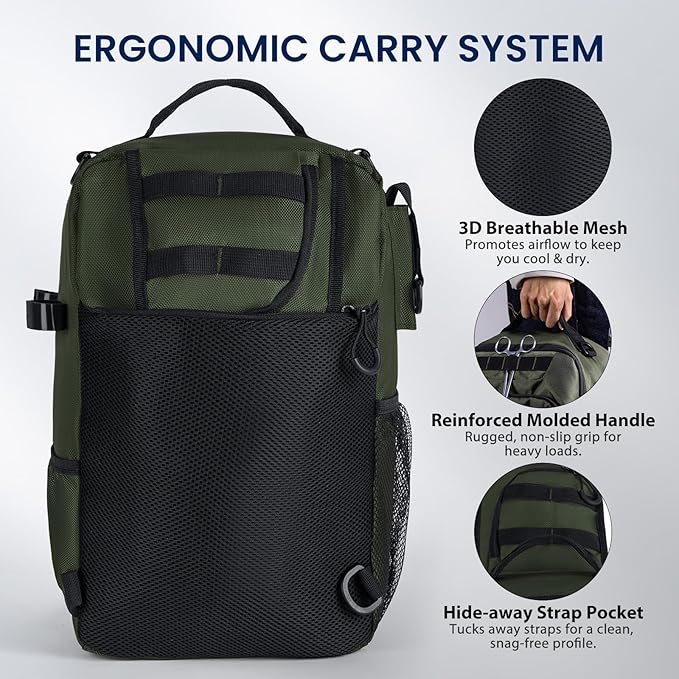 Goture Green Tactical Sling Fishing Bag with Trays, Heavy Duty 1680D Fishing Backpack for Hiking Camping, Adjustable Shoulder Strap with Rod Holder & Tool Pockets, Tackle Box Organizer Bag