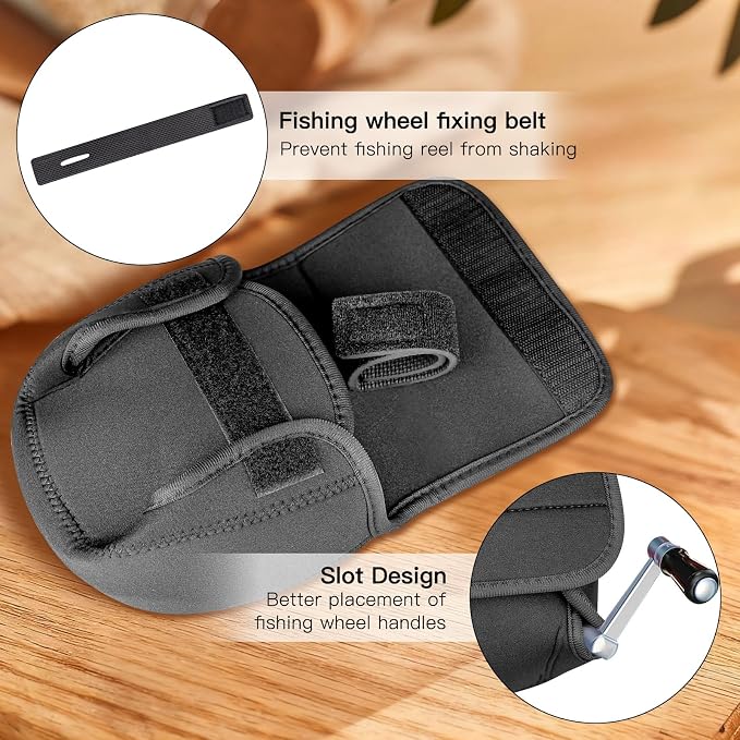3-Size Fishing Reel Cover Pouch + 3 Black Fishing Rod Straps, Protective Reel Case for Baitcasting and Spinning Reels, Adjustable Fishing Rod Strap for Fishing Gear Storage