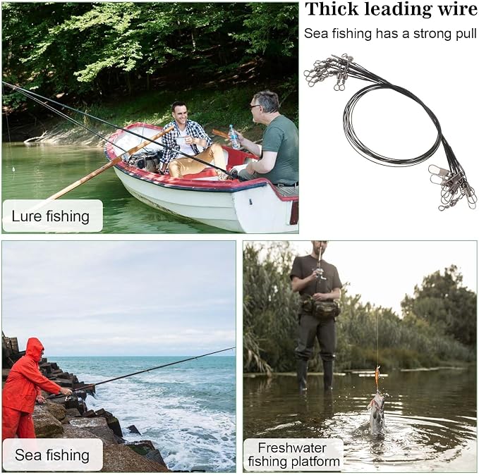 Giantree 50 Pcs Fishing Leaders, Stainless Steel Fishing Leaders with snap and Swivel, Anti-bite Stainless Steel Wire Leaders Fishing Leader Line for Fishing Rigs Saltwater and Freshwater