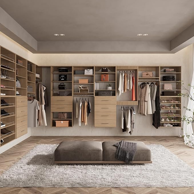 ROOMTEC Modular Closet System, 55" Wall-Mounted Closet Organizer with Hanging Rods and Shelves, Wooden Tower for Walk-In Closets, Wardrobe Storage Kit, Wood