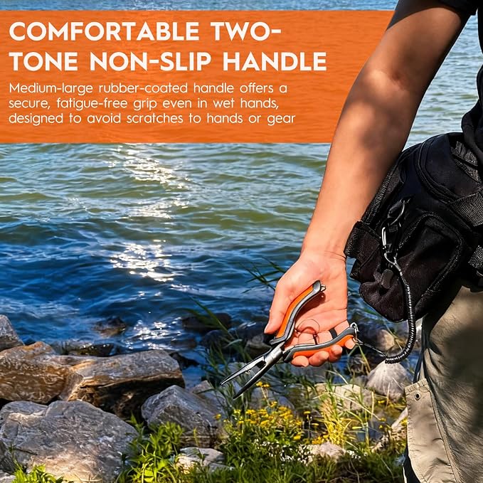 BasicGear Heavy-Duty Fishing Pliers - 7" S45C Carbon Steel Head with Teflon Coating, External Spring & Steel-Core Lanyard