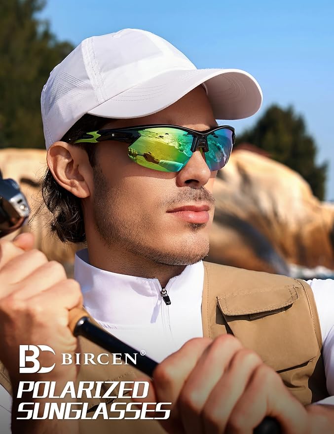 BIRCEN Mens Polarized Sunglasses for Sports: TR90 Lightweight Sun Glasses Wrap Around Shades for Fishing Driving Cycling