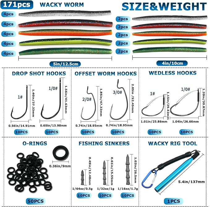 Wacky Rig Kit for Bass Fishing 143/171PCS Soft Plastic Wacky Worms (4in & 5in) Weedless Wacky Rig Hooks & Tool O-Rings, Bass Trout