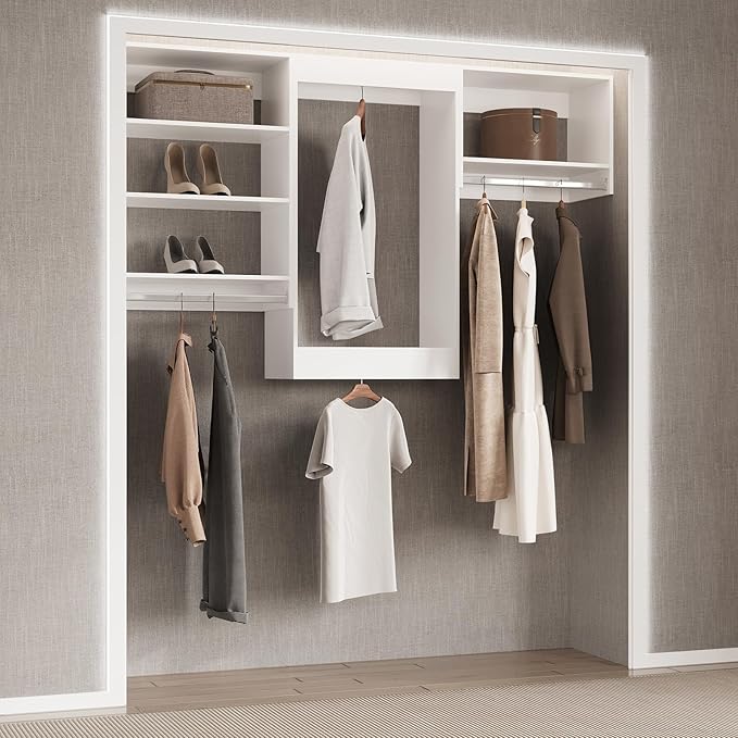 Tall Hanging Closet Unit, Modular Closet System, Wood Closet System Organizer with Storage for Walk In Closets, Clothing Rack Wardrobe Closet for Hanging Clothes, Bedroom, White, 22.5"W