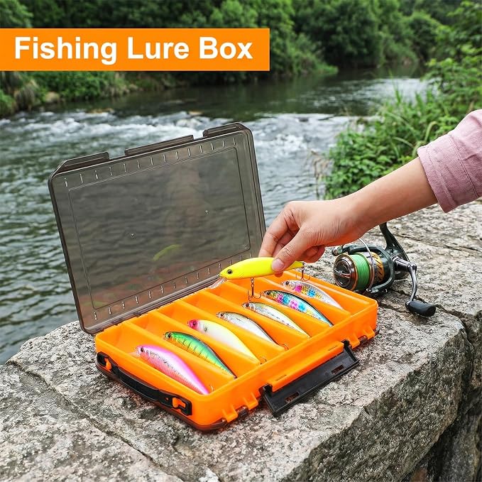 3 Pack Double Sided Fishing Lure Tackle Box, 14 Compartments Clear Plastic Storage Case Organizer, Visible Hard Bait Container for Lures and Jewelry Beads Earring Hook (3 Color)