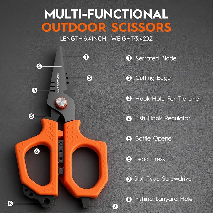 BasicGear Fishing Multi-Tool Scissors – Titanium-Coated, Stainless Steel, Multi-Tool Cutter with Hook Adjuster, Screwdriver, Bottle Opener, Sheath & Non-Slip Grip for Saltwater or Freshwater Use
