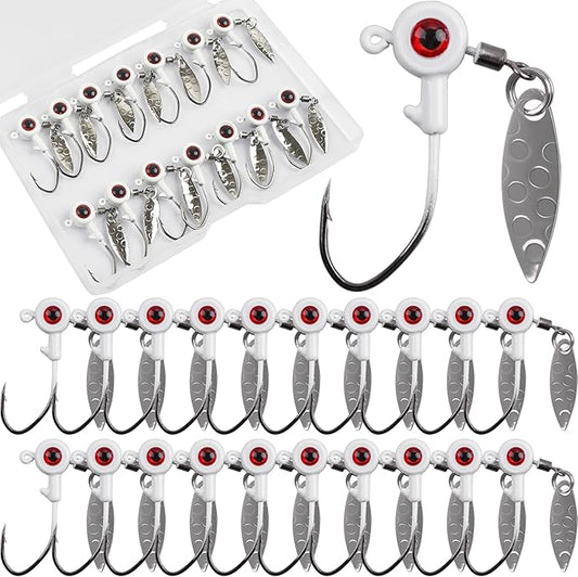 Crappie Jig Heads Fishing Lures Kit, 15pcs Underspin Jig Heads with Spinner Blade Crappie Lures Eye Ball Head Painted Fishing Jigs for Bass, Trout, Panfish, Sunfish
