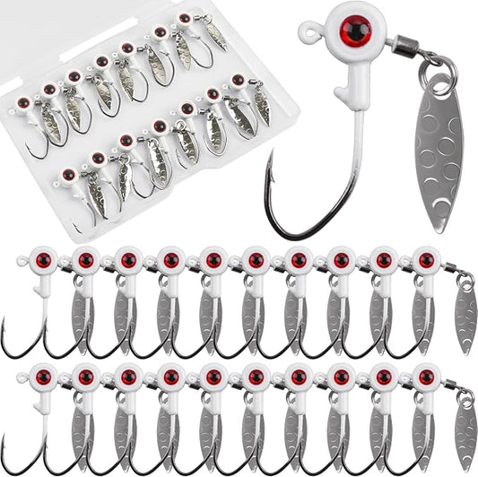 Crappie Jig Heads Fishing Lures Kit, 15pcs Underspin Jig Heads with Spinner Blade Crappie Lures Eye Ball Head Painted Fishing Jigs for Bass, Trout, Panfish, Sunfish