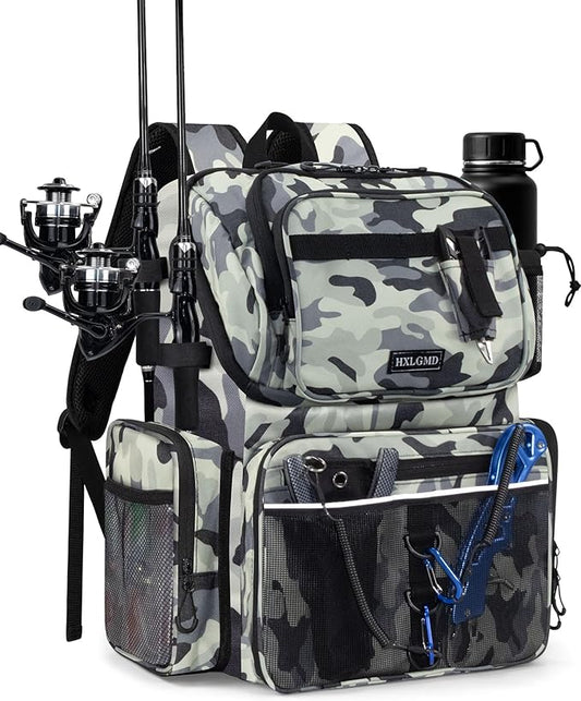HXLGMD Fishing Backpack with Rod Holders, 43L Large Water Resistant Tackle Bag Storage Gear and Equipment with Cooler for Men Fishing, Camping, Hiking, Grey