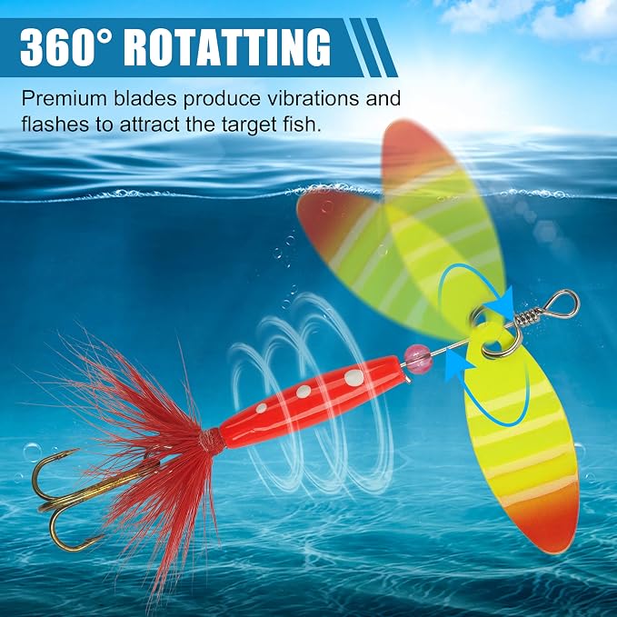 Spinner Baits Bass Lures Rooster Feather Tail Fishing Lures Trout Lures Hard Metal Inline Spinnerbaits for Bass Trout Pike Walleye Salmon with Tackle Box
