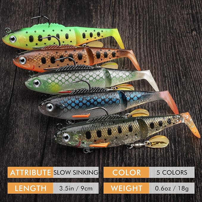 TRUSCEND Shadtale Easy Catch Soft Fishing Lures with BKK Hooks - Trembly Sinking and Vibrating Swim for More Bites, Pre-Rigged Swimbaits for Bass, Trout, Crappie, Walleye, Freshwater Saltwater Fishing