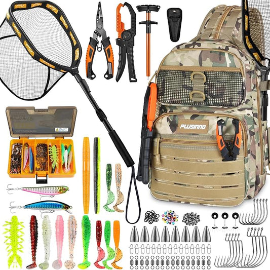 PLUSINNO Fishing Backpack with Fishing Gear Fishing Net, Waterproof Tackle Backpack with Rod Holders, Tackle Box, Lures, Tools, Pliers & Accessories, Fish Gifts for Men