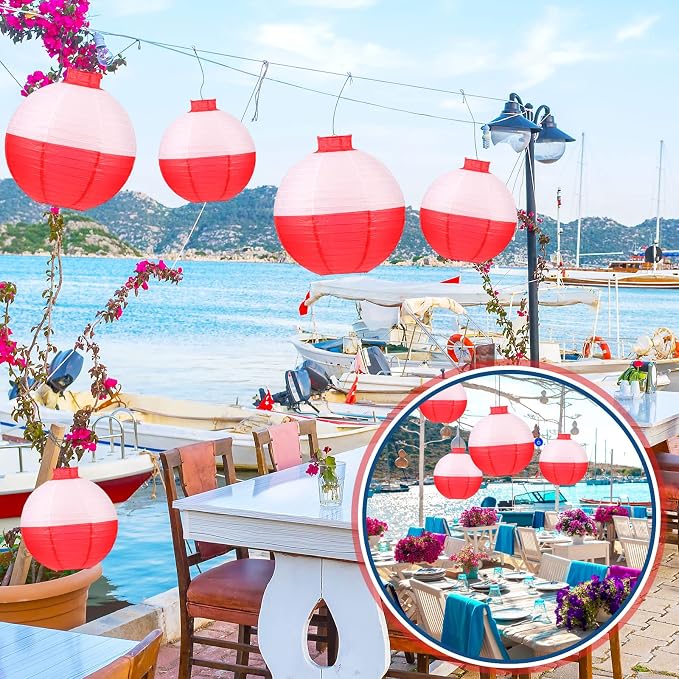 Set of 24 Fishing Bobber Round Paper Hanging Lanterns Fishing Birthday Decorations Hanging Paper Lanterns for Fishermen Theme Party Decoration Supplies, 12 Inches, 8 Inches