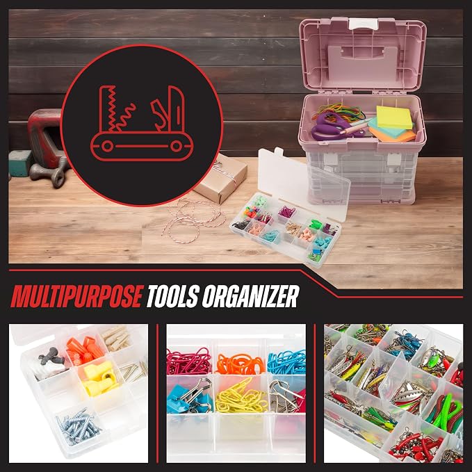 Portable Tool Box - Small Parts Organizer with Drawers and Customizable Compartments for Hardware, Fishing Tackle, Beads, or Crafts by Stalwart (Pink)