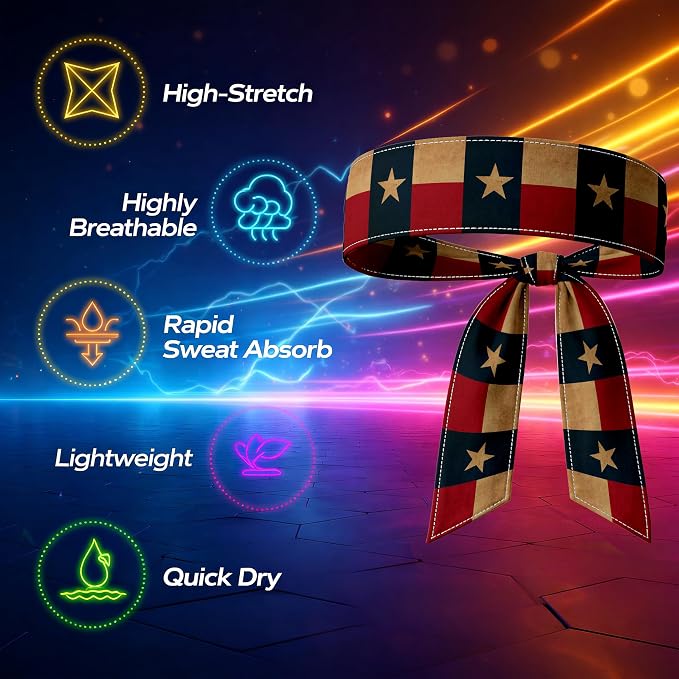 Tie Headband for Women & Men, Flag Patterned Sports Sweatband Head Wrap, Hair Bandana Accessory, 40" x 2.4"