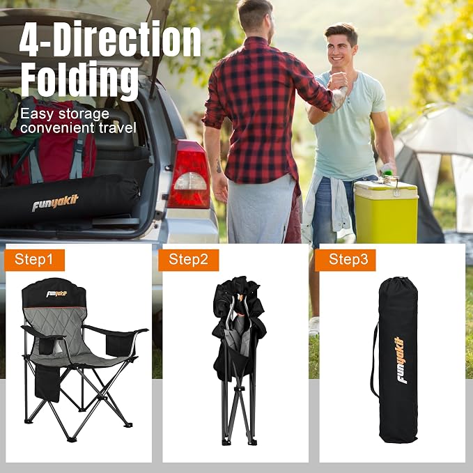 Heavy Duty Fully Padded Camping Chairs 350LBS Capacity Portable Chair Folding Chair with Cooler Bag and Cup Holder for Outdoor,Sports,Beach,Fishing, Hiking, Travel, Picnic, Backyard1PC
