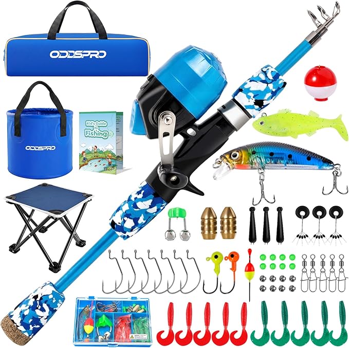 ODDSPRO Kids Fishing Pole - Portable Kids Fishing Rod and Reel Combo, Kids Fishing Gear with Tackle Box, Spincast Reel, Collapsible Chair and Bucket, Fishing Pole for Kids Boys Girls Toddler Youth 3+