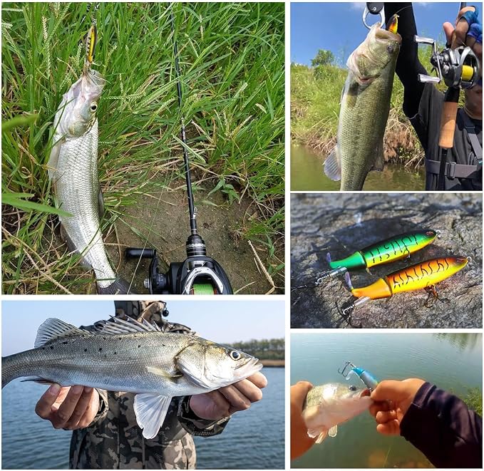 10Pcs Whopper Fishing Lure for Bass Popper Top Water Fishing Lures with Floating Rotating Tail Barb Treble Hooks in Saltwater Freshwater Plopping Lures Kit