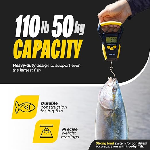 Beyond Fishing Digital Scale with Built-in Tape Measure – Weighs Up to 110lbs - LCD Display, Ounces - Pounds - Kilograms - Ergonomic Grip, Battery Powered, Portable Fish Weigher for Anglers