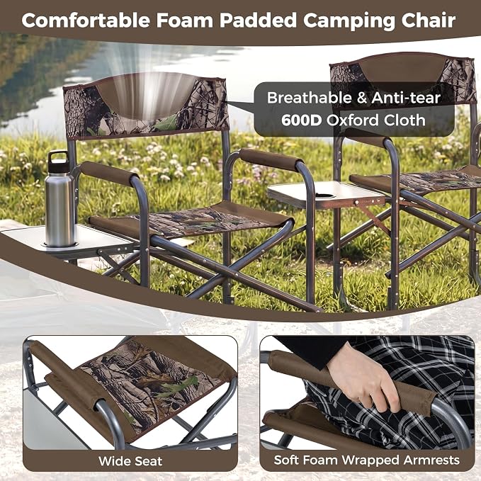 COSTWAY Folding Camping Chair, Lightweight Portable Directors Chair w/Side Table & Cup Holder, Padded Outdoor Heavy Duty Lawn Chair for Fishing, Picnic, Sports, Beach, Max Load 400 lbs (Camouflage,1)