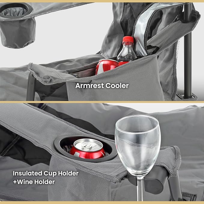 ARROWHEAD OUTDOOR 2-Pack Portable Deluxe Folding Camp Quad Chair w/Headrest, Glass & Cup Holders, Armest 6-can Cooler, Heavy Duty Carry Bag, 550 lbs Weight Capacity