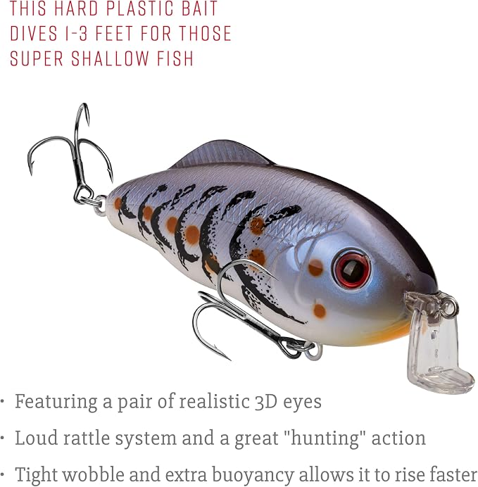 Strike King Hybrid Hunter Shallow Jr. Fishing Lure, Shallow Diving Crankbait, 90-Degree Bill, 3D Eyes, Loud Rattle, Dives 1 to 3-Feet,Size 4 & 6 Treble Hooks