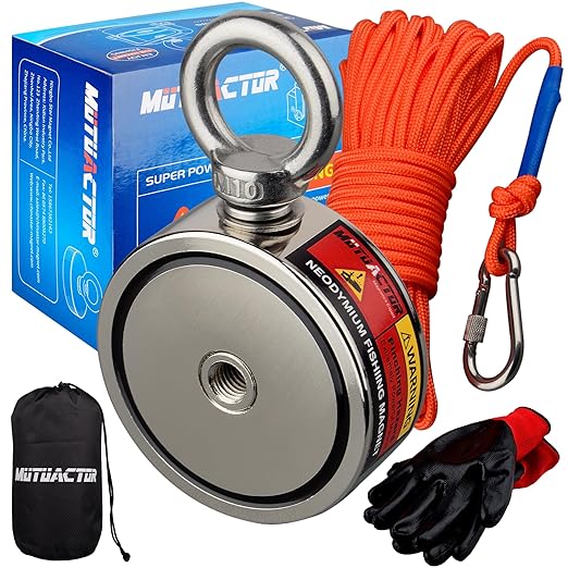 MUTUACTOR Neodymium Fishing Magnet,Combined 880lbs Double Sided Strong Fishing Magnet Heavy Duty with 65Ft Salvage Rope,Durable Gloves,Waterproof Bag for Retrieving Tools Find Treasure
