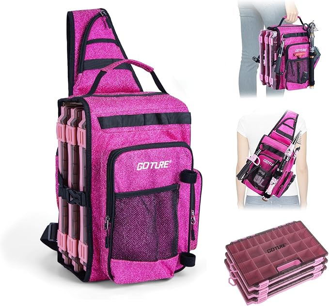 Goture OpenSide Tactical Sling Tackle Bag with 3 3700 Tackle Trays, Lightweight Fishing Backpack Storge Gear Outdoor-Shimmering Pink Bag,Gift for women
