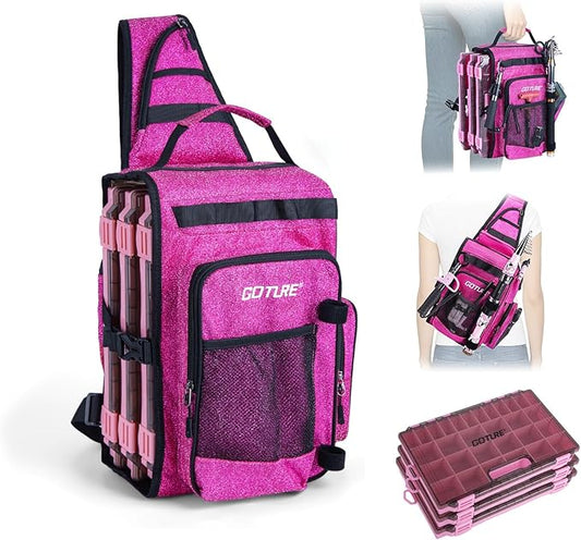 Goture OpenSide Tactical Sling Tackle Bag with 3 3700 Tackle Trays, Lightweight Fishing Backpack Storge Gear Outdoor-Shimmering Pink Bag,Gift for women