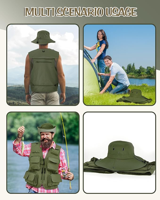Shihanee 2 Pcs Men's Fishing Vest Sun Hat Multi Pocket Safari Vest for Outdoor Hiking Summer Travel