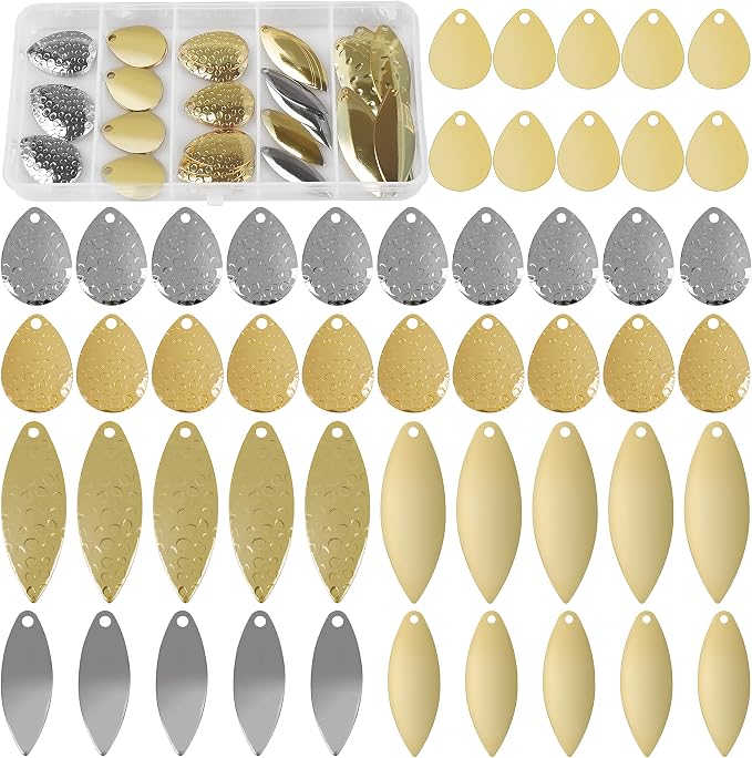 Spinner Blades for Lure Making,50pcs Easy Spin Colorado Willow Blades Kit Gold Silver Spinnerbait Blades Spoon DIY Fishing Lures Accessories for Spinner Baits Walleye Rig Making
