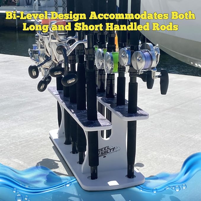 Rush Creek Creations Reel Salty Gray/White/Blue 11-Rod Marine Grade Fishing Rod Holder - Bi-Level Design, UV-Resistant, 100% Waterproof for Garage and Dock