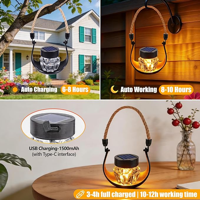 Toodour 2 Pack Hanging Solar Lantern Outdoor -Solar Lanterns with Flickering Flame, Waterproof Garden Lights Hanging Lights for Camping, Patio, Deck, Yard, Path, Garden, Porch Outdoor Decorations