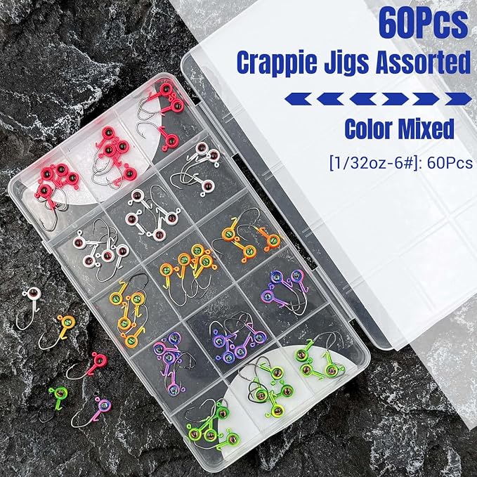 60Pcs Big Eye Crappie Jig Heads Kit, Bright Color Panfish Fishing Jig Heads Hook with Wired Bait Keeper Swimbait Jighead for Crappie Walleye 3 Sizes 1/32oz 1/16oz 1/8oz
