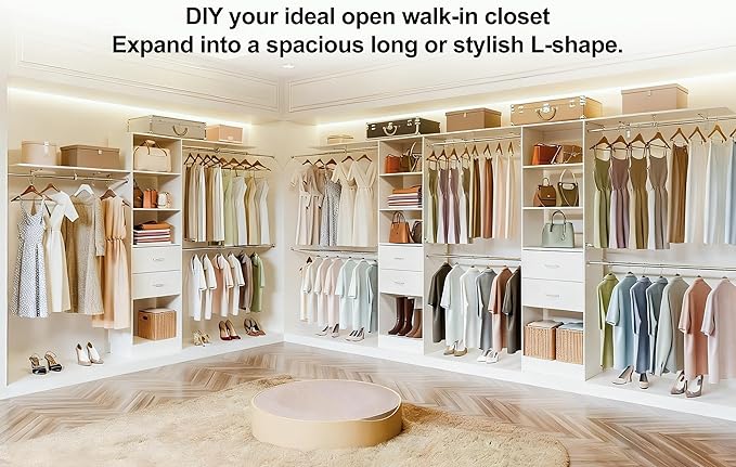 5-8FT Walk-in Closet Organizer System with 2 Wood Drawers, 4 Adjustable Hanging Rods, Wardrobe Storage Organizer with Valet Rod Duty Freestanding Garment Rack for Bedroom, Laundry, White