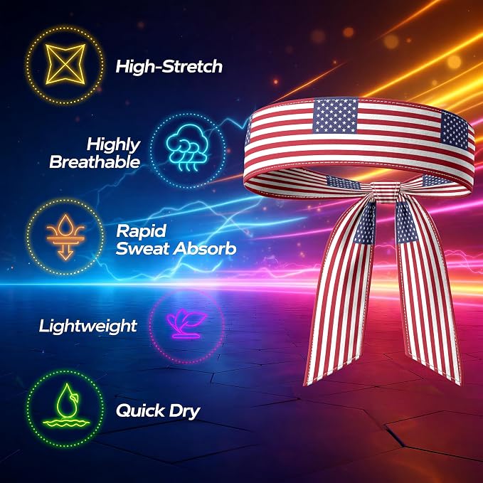 Tie Headband for Women & Men, Flag Patterned Sports Sweatband Head Wrap, Hair Bandana Accessory, 40" x 2.4"