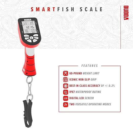 BUBBA Smart Fish Scale -Tournament Fishing Tool - Built in Fish Clip and Hook - 2 Modes, Digital Screen, 60lb Limit