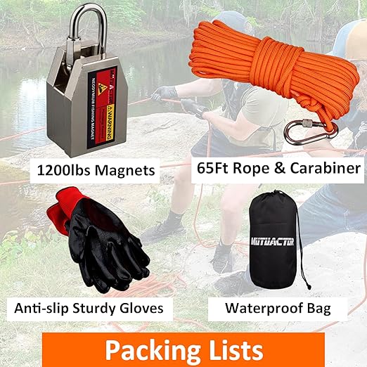 MUTUACTOR Three Sides Fishing Magnet Kit Strong Powerful Combined 1200lb, Super Strong Neodymium Magnet for Fishing Salvage Under Water with 66 Feet Rope and Gloves