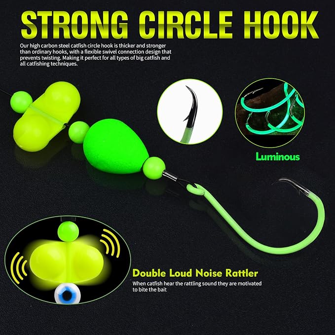 PROBEROS Catfish Fishing Rigs - Bank Fishing Set with 5pcs/Set, 6/0, 8/0, 10/0 Circle Hooks Circle Hooks, High Visibility, Ready to Use Catfish Rigs