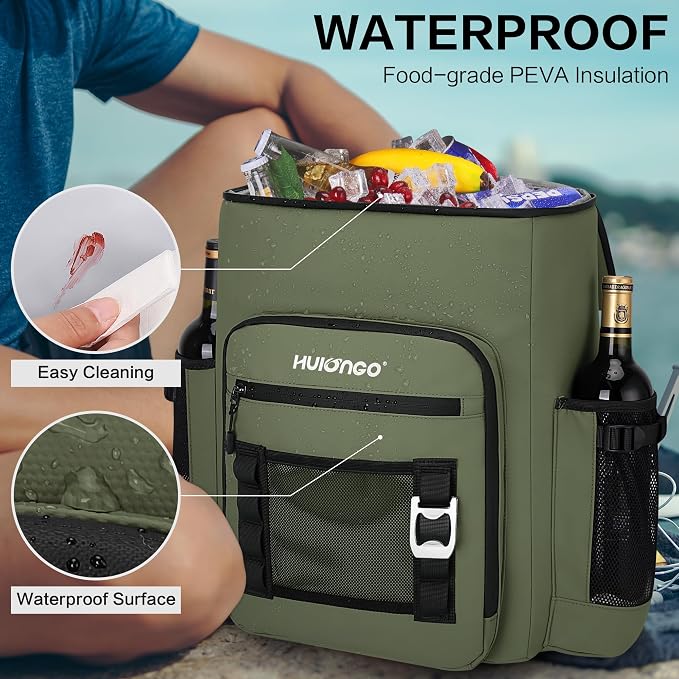 Hulongo Cooler Backpack, 30L Insulated Leakproof Soft Cooler Bag for 52 Cans, Lightweight Backpack for Beach, Picnic, Camping, Hiking, Fishing and Travel
